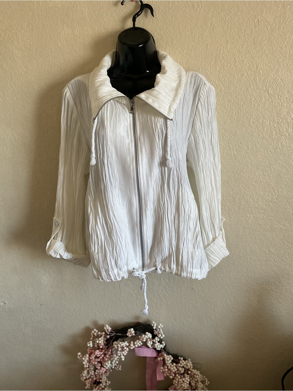 Ruby Rd. White Crinkle Zip-Front Drawstring Jacket